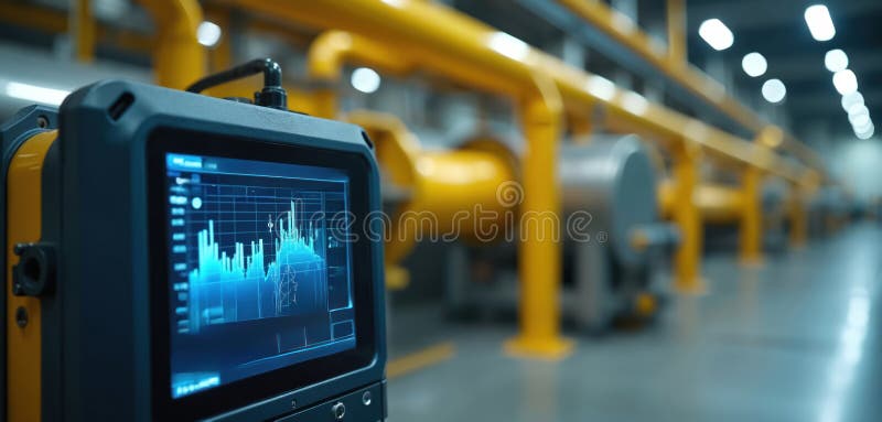 Close-up of industrial analyzer display shows blue data graph. Screen visualizes real-time particulate emission levels, air vector illustration