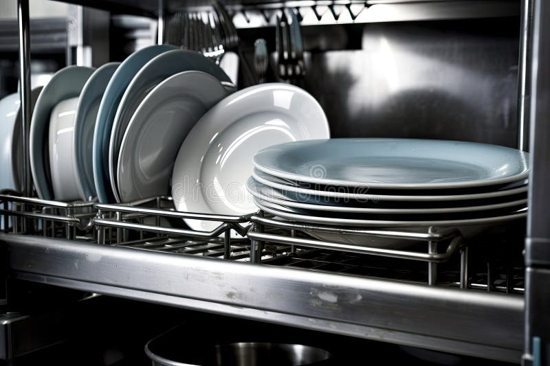 Closeup of Industrial Dishwasher, with Dishes and Silverware Visible