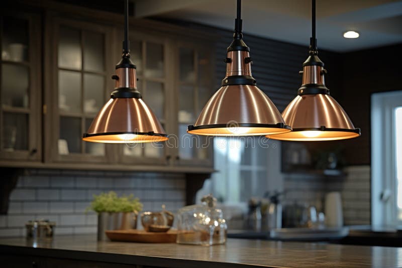 close-up of industrial pendant lights hanging over a kitchen island