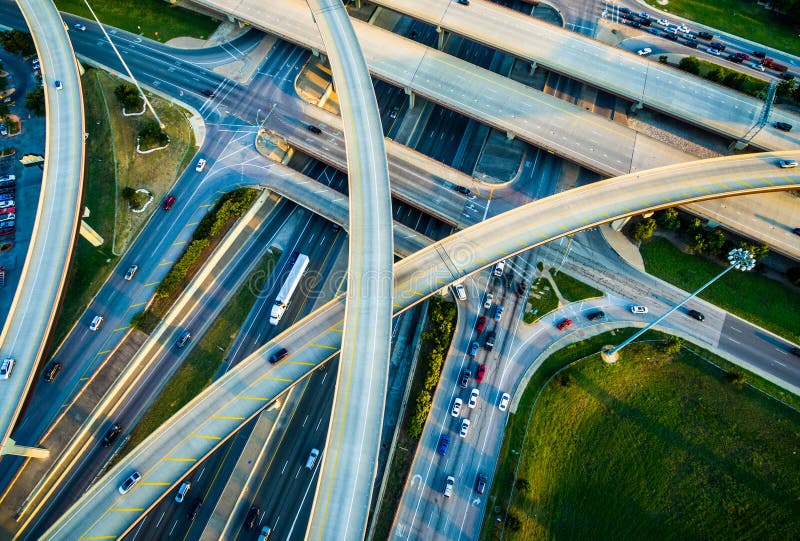 Close up Interchange , Loops , and Highways Interstate 35 and Toll Road 45 Austin Texas Transportation