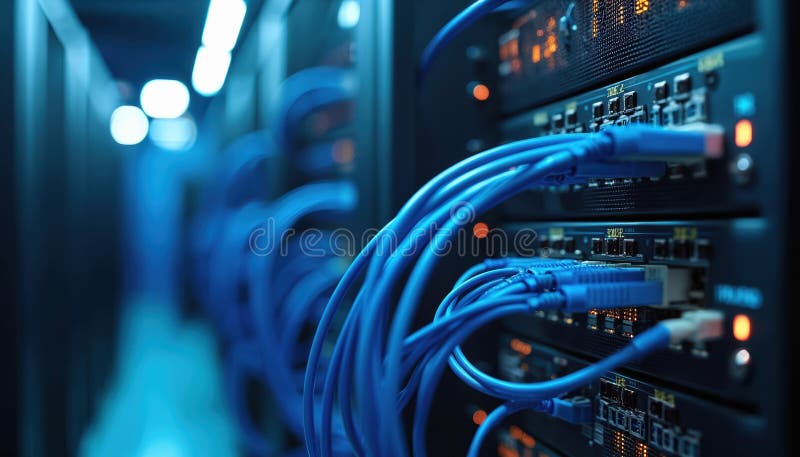 Close-up of internet cables connected to switch in server room. Blue ethernet wires for quantum computer development, networking. stock photography