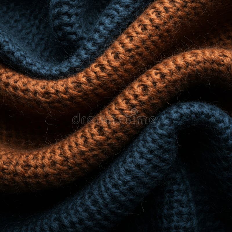 Close-up of interwoven fabric in alternating dark blue and rust colors. The texture stock illustration