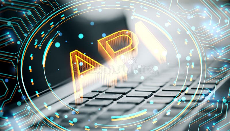 Close up of keyboard on desk with creative API hologram on blurry background. Application Programming Interface concept. vector illustration