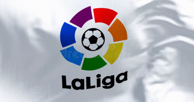 Madrid, SPA, march 2023: Close-up of the La Liga flag waving. La Liga is the top professional football division of the Spanish football league system. Illustrative editorial 3d illustration render
