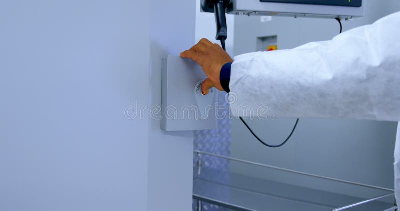 Laboratory technician using touch screen machine 4k stock video