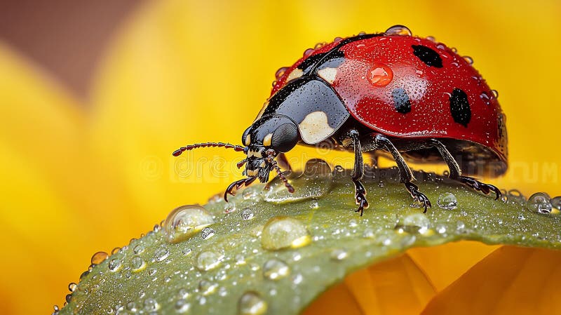 Close up of a ladybug on a dew kissed leaf its red shell gleaming with moisture droplets macro shot of a ladybug resting on a stock illustratie