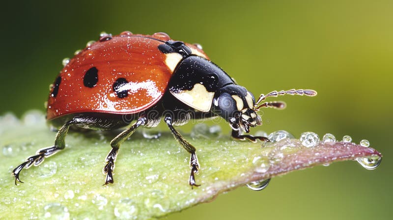 Close up of a ladybug on dewy leaf its red shell gleaming with droplets macro shot resting dewdrop covered highlighting glossy and royalty-vrije illustratie