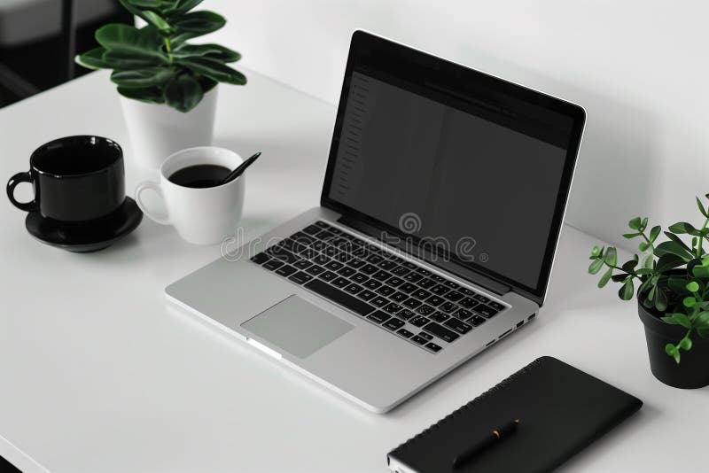 Close up of laptop and coffee cup on a bright white office desk workspace stock illustration