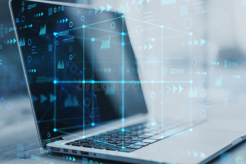 Close up of laptop computer with abstract cube hologram on blurry background. Metaverse, software, future and data center concept royalty free stock image