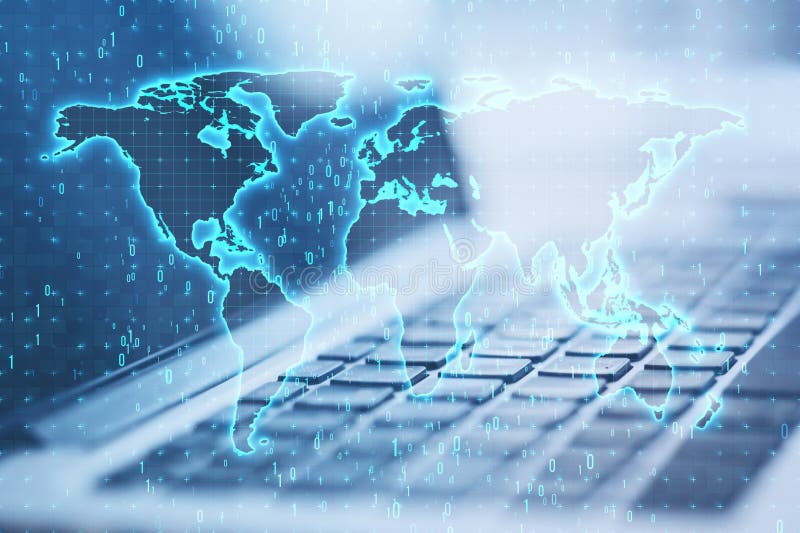 Close up of laptop computer with glowing binary code map hologram on background. Software and global technology concept. stock photography