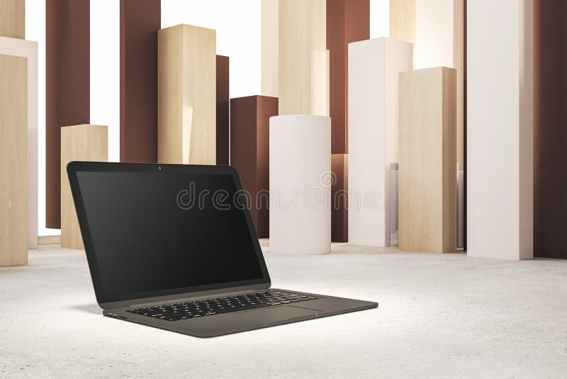 Close up of laptop computer in spotlight and with empty mock up screen, placed on abstract geometric background. Product and device presentation concept. 3D Rendering