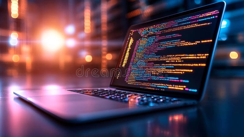 Close-up of Laptop Displaying Colorful Programming Code in Digital Environment stock illustration