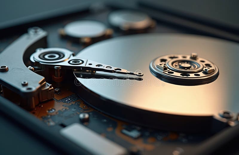 Close-up of laptop hard disk drive. Computer hardware storage data, data backup, digital information. Metal disk. Tech stock illustration