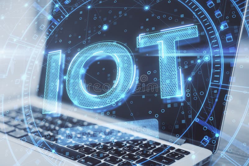 CLose up of laptop with IOT Internet of things concept on blurry background. stock illustration