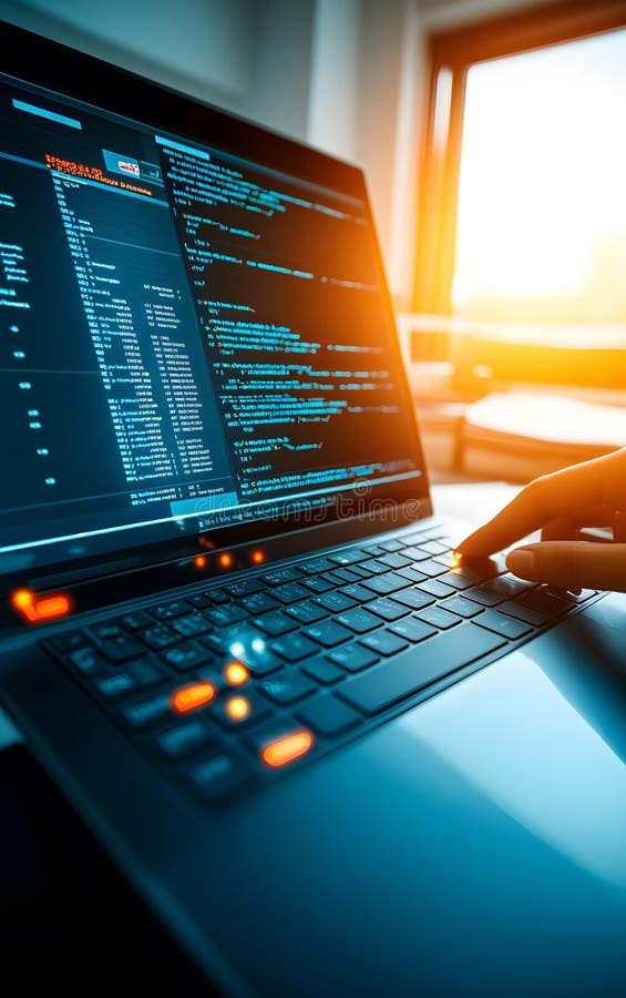 A close-up of a laptop keyboard with code displayed on the screen, symbolizing programming and modern technology innovation stock illustration
