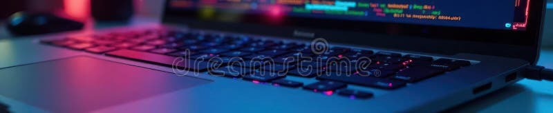 Close up laptop keyboard, code visible on screen , programming, design stock illustration