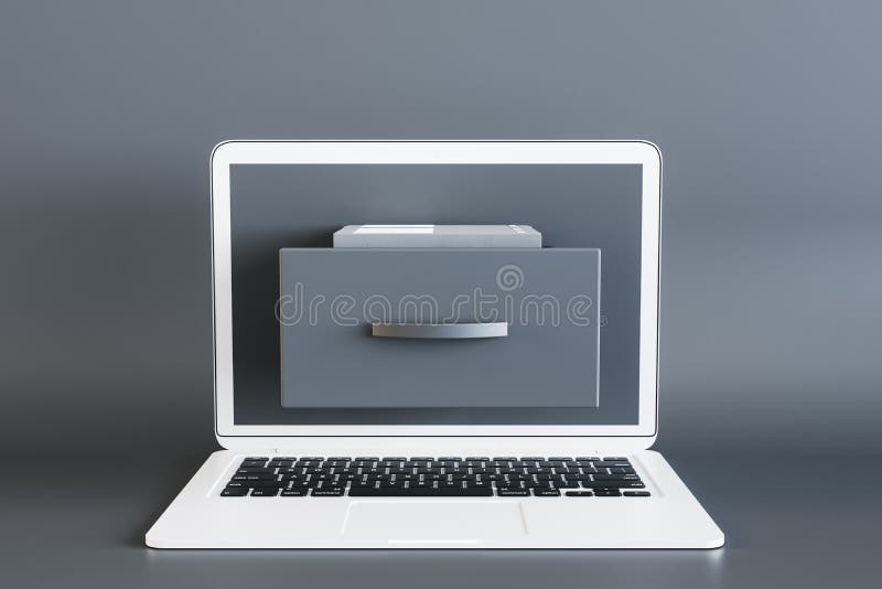 Close Up of Laptop Notebook with Abstract Document Folder Coming Out of