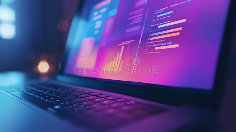Close Up of a Laptop Screen Displaying Colorful Code and Data in a Dark Room with Keyboard Focused on Programming and Technology vector illustration