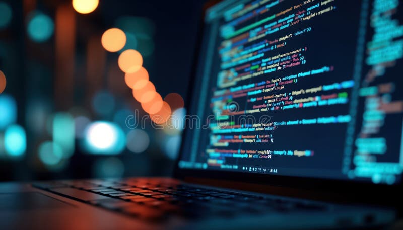 Close-up laptop screen displays complex software code. Night scene in background. Modern tech development concept. Programming in royalty free illustration