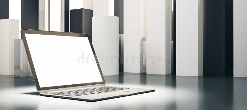 Close up of laptop in spotlight and with empty white mock up display, placed on abstract geometric background. Product and device presentation concept. 3D Rendering