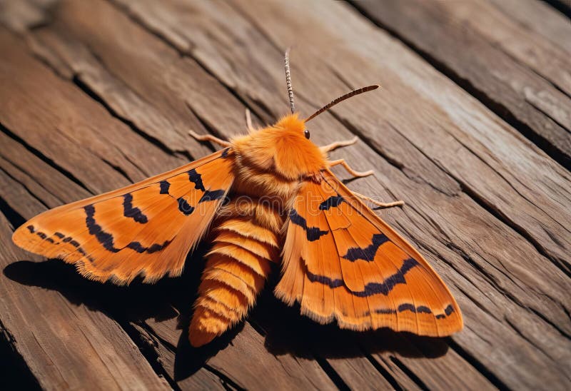 A close-up of a large-eyed, furry orange moth with large vector illustration