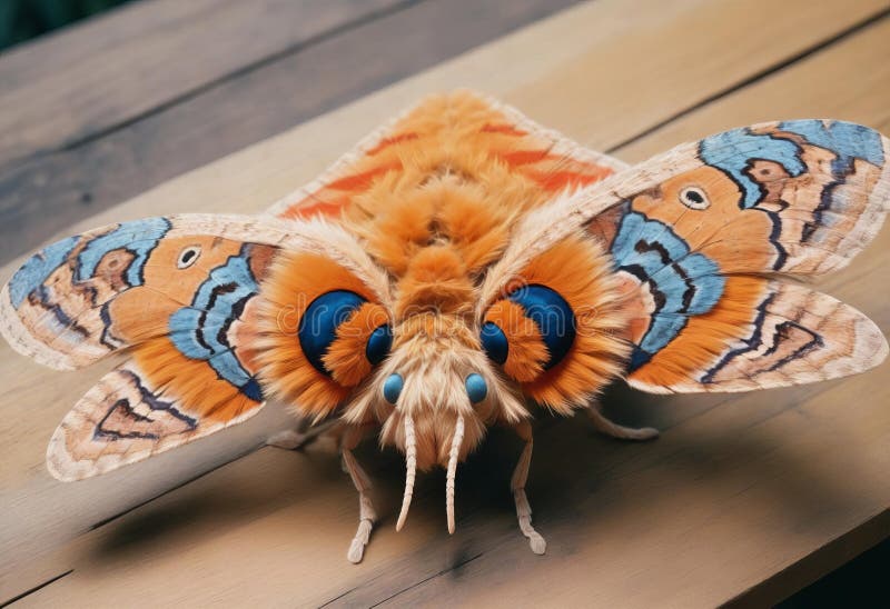 A close-up of a large-eyed, furry orange moth with large stock illustration