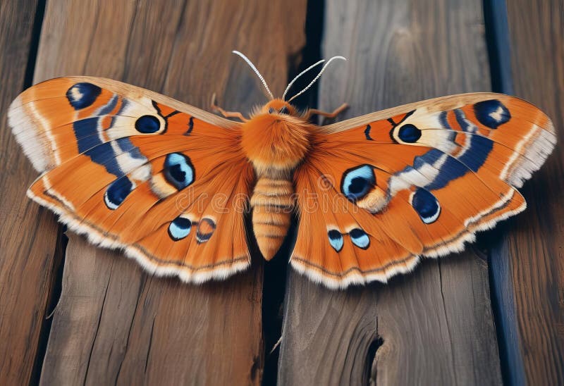 A close-up of a large-eyed, furry orange moth with large stock illustration