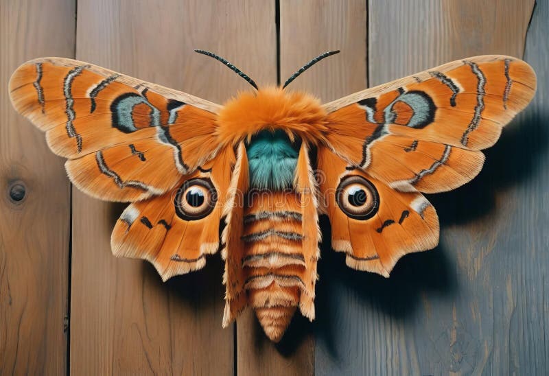A close-up of a large-eyed, furry orange moth with large stock illustration