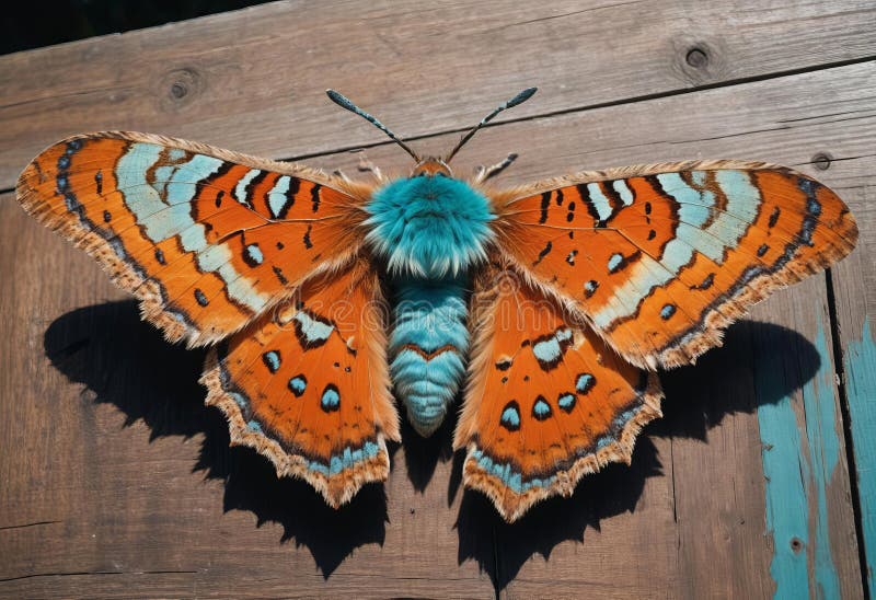 A close-up of a large-eyed, furry orange moth with large royalty free illustration