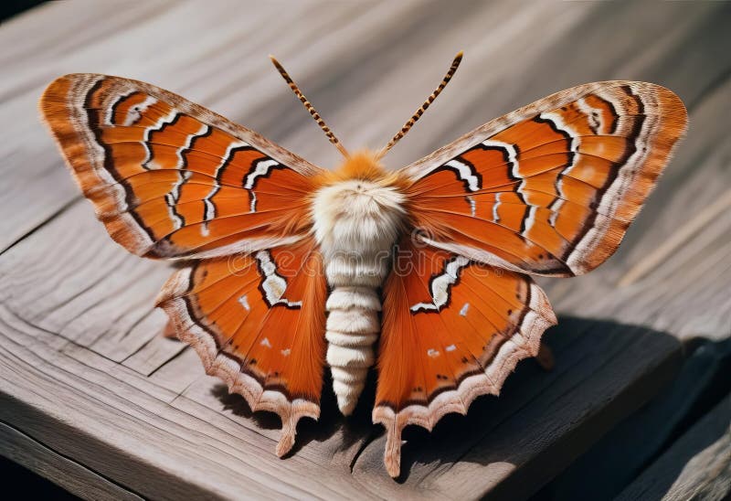 A close-up of a large-eyed, furry orange moth with large stock illustration
