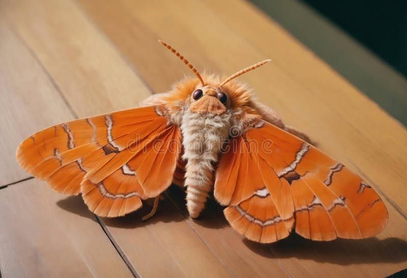 A close-up of a large-eyed, furry orange moth with large vector illustration