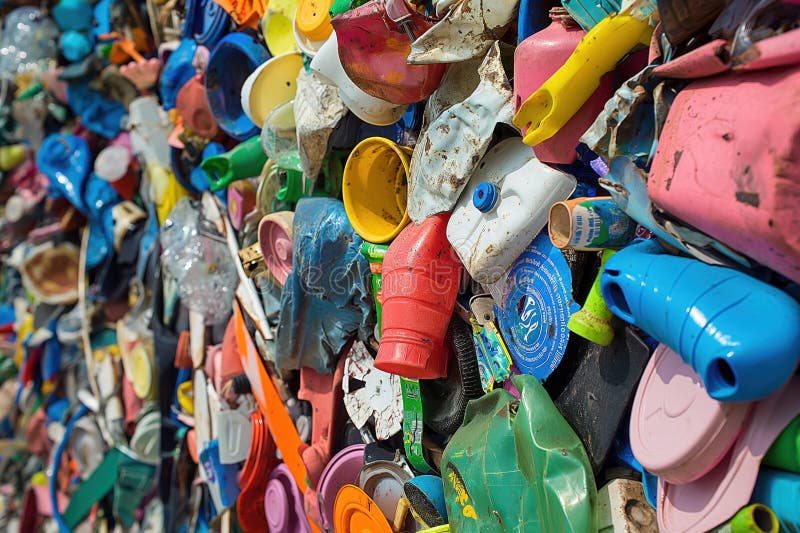 Close-up of large heap of discarded plastic waste. Pile consists of various plastic materials, including bottles, containers stock illustration