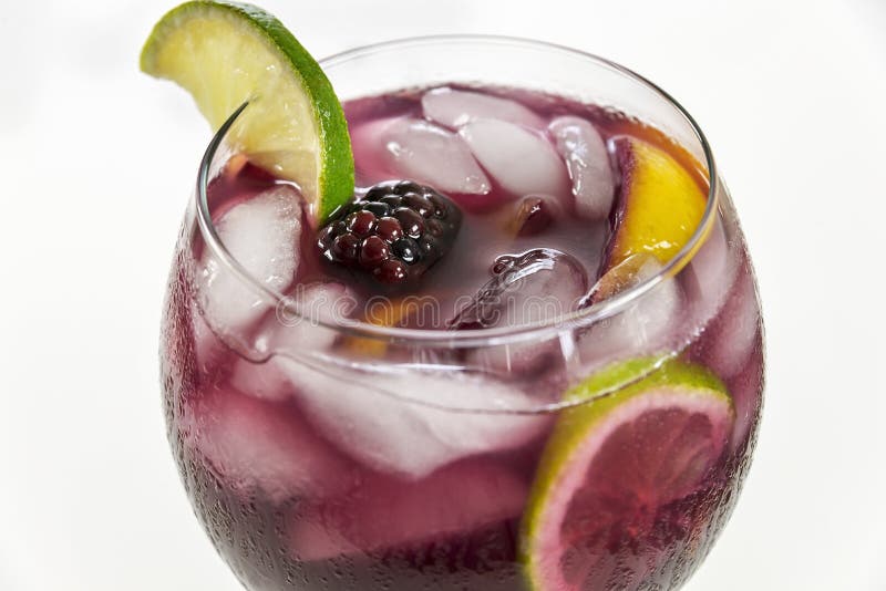 Close-up of a large wine glass of fruit filled red sangria