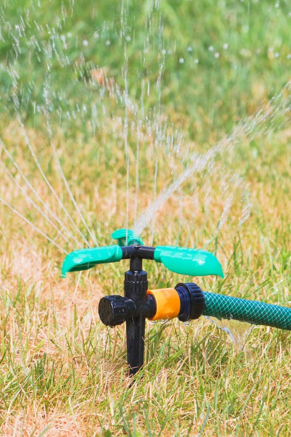 Close Up of Lawn Sprinkler in Summer Day Stock Photo Image of paving