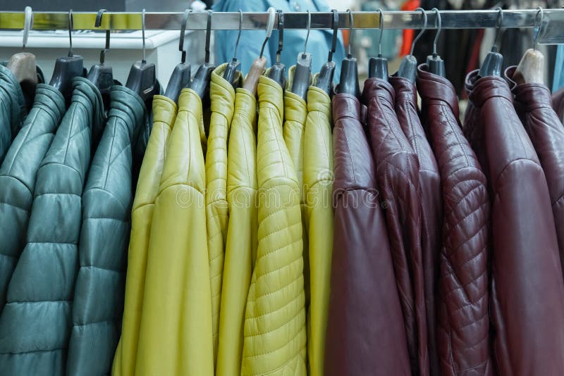 Close Up Leather Jackets on the Rack, Clothing Shop. Stock Image ...