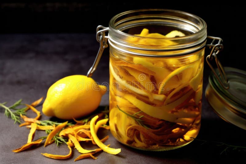 close-up of lemon peels infusing in glass jar, created with generative ai AI generated