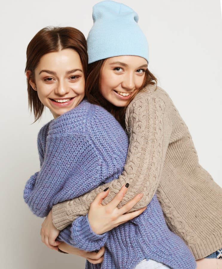 Two Pretty Teen Girlfriends Smiling Hugs and Having Fun Stock Image ...