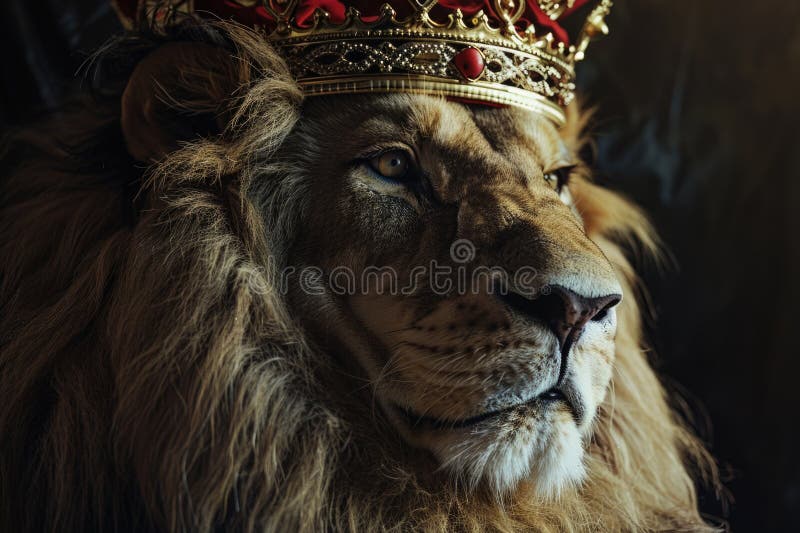 Close-up of a lion wearing a crown stock photo