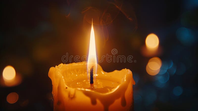 Close-up of a lit candle in a dark setting, with a warm and peaceful ambiance stock photos