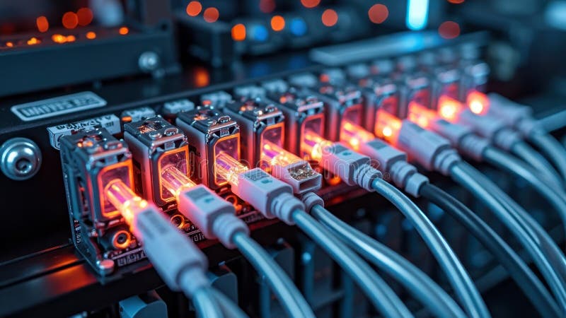 Close-up of lit ethernet cables and network switch in data center stock photo