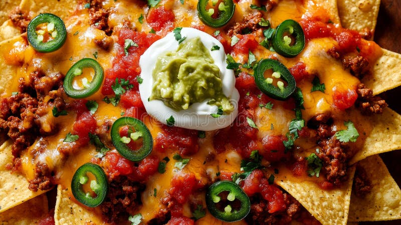 Close-up of loaded nachos with toppings. royalty free stock photo