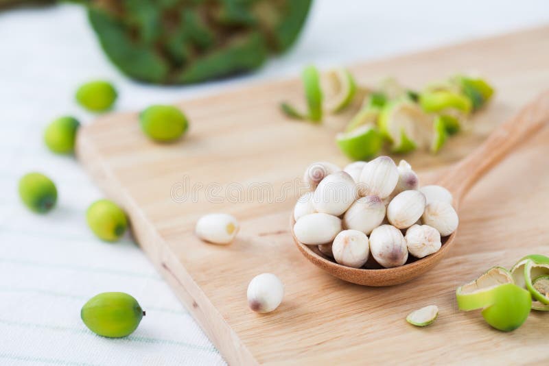 Close up lotus seed on wooden spoon