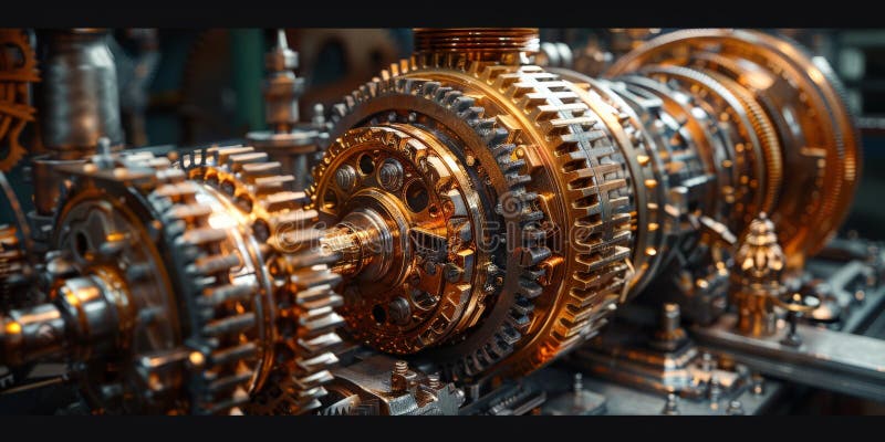 A close up of a machine with an intricate system of gears stock image