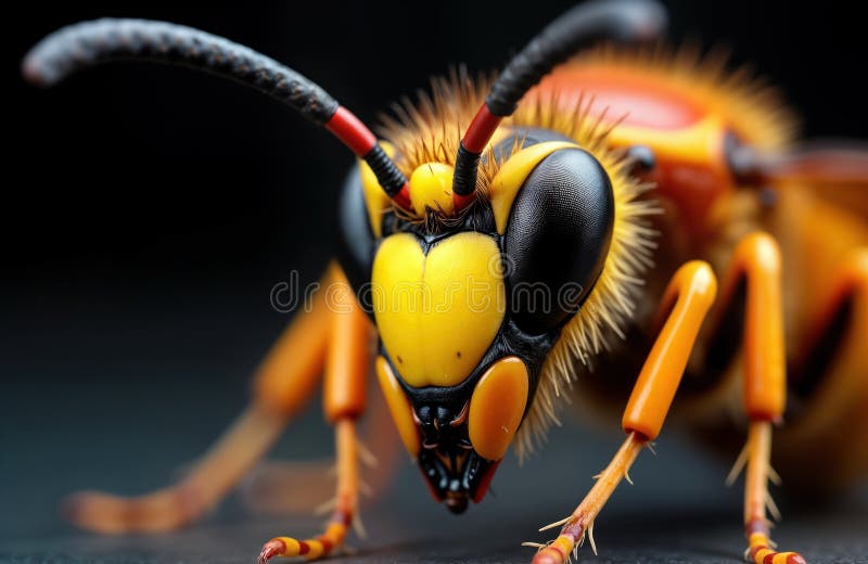Close-up macro view of Asian hornet head. Yellow-legged hornet Vespa velutina insect details. Macro photo shows insect features. royalty free illustration