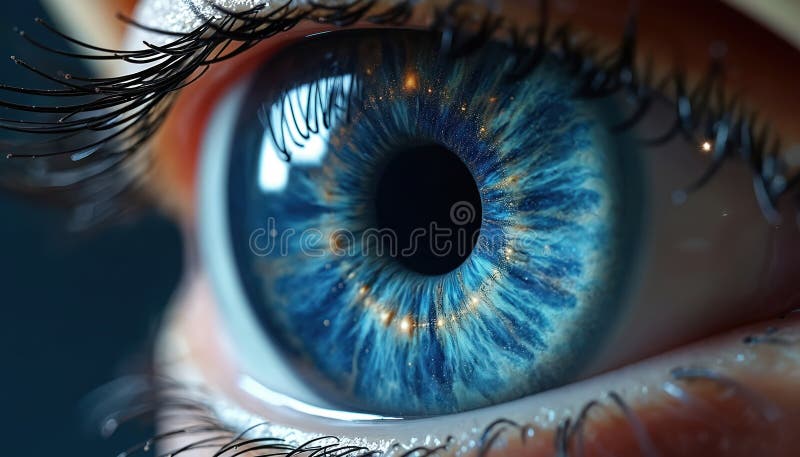 Close up macro view of human blue iris with sparkling stars and cosmic patterns. Eyelashes frame bright pupil reflecting universe vector illustration