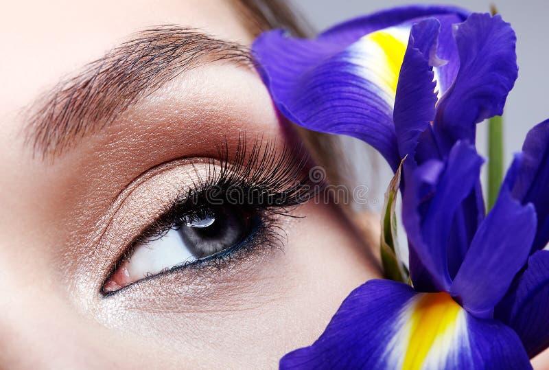 Close-up macroportret van jong schoonheids vrouwelijk gezicht en boeket van iristbloemen dichtbij gezicht royalty-vrije stock afbeelding Close-up macroportret van jong schoonheids vrouwelijk gezicht en boeket van iristbloemen dichtbij gezicht royalty-vrije stock afbeelding