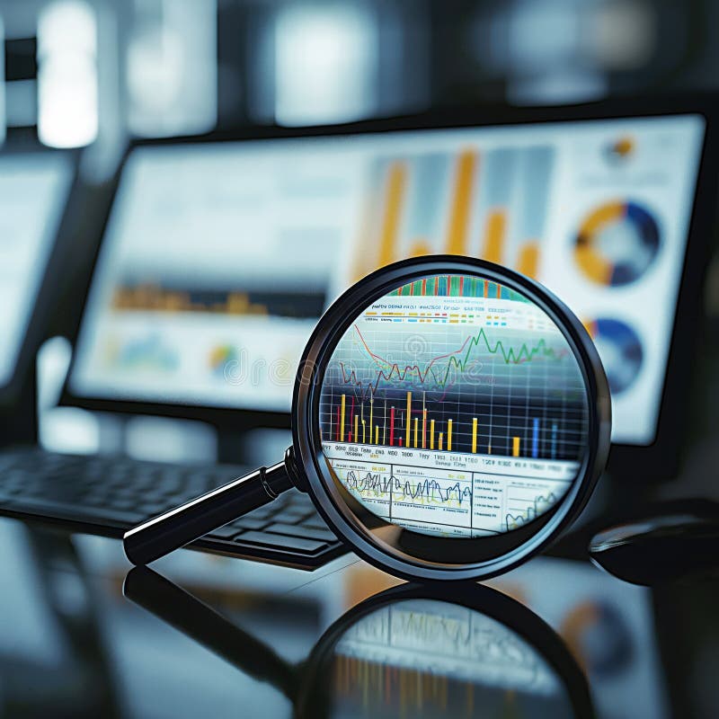 Close-up of magnifying glass over computer screen displaying graph. Analyzing data, inspecting trends, evaluating statistics. royalty free illustration