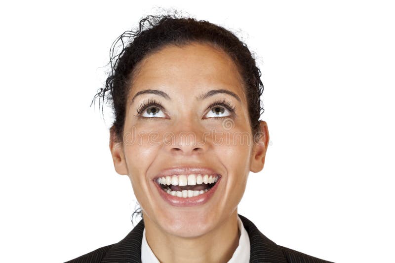 Close-up makro of a happy woman looking up