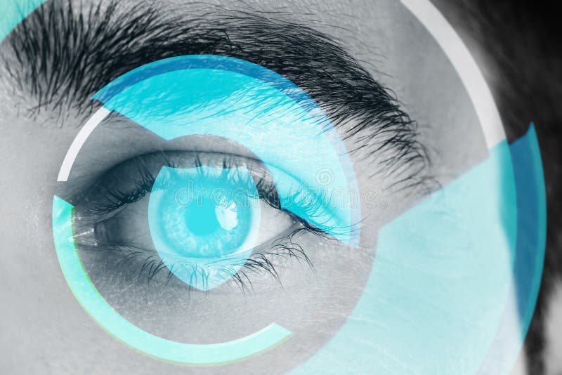 Close-up of male eye with HUD display. Concepts of augmented reality and biometric iris recognition or visual acuity check-up. Close-up of male eye with HUD display. Concepts of augmented reality and biometric iris recognition or visual acuity check-up