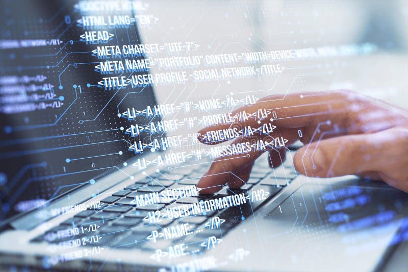 Close up of male hand using laptop keyboard with creative digital programming language on blurry background. Software developer royalty free stock photo